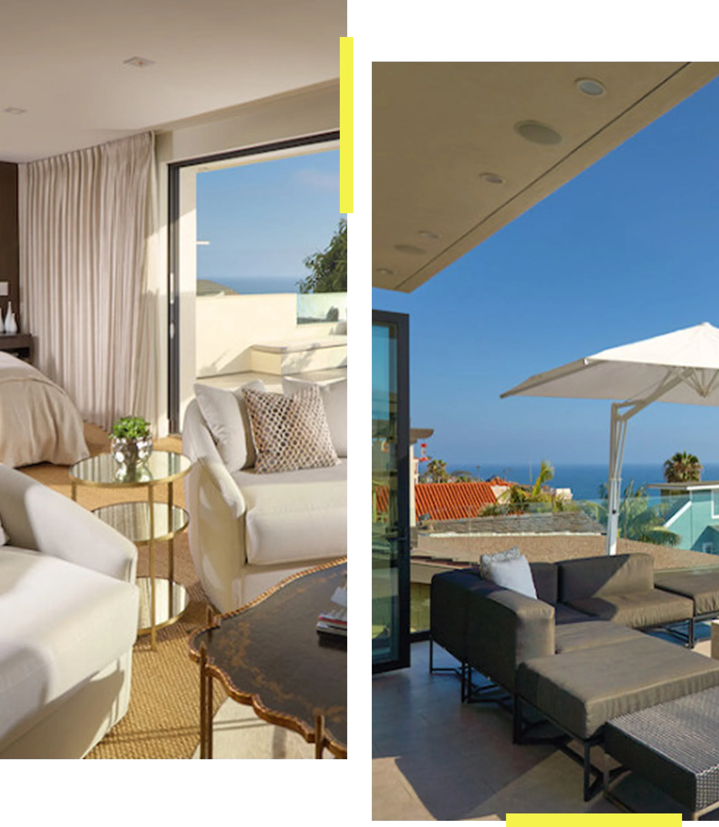 Group 32 (1) Modern hotel room with beige tones, large windows, and terrace with ocean view. Outdoor seating under a sun umbrella overlooks rooftops and the sea.