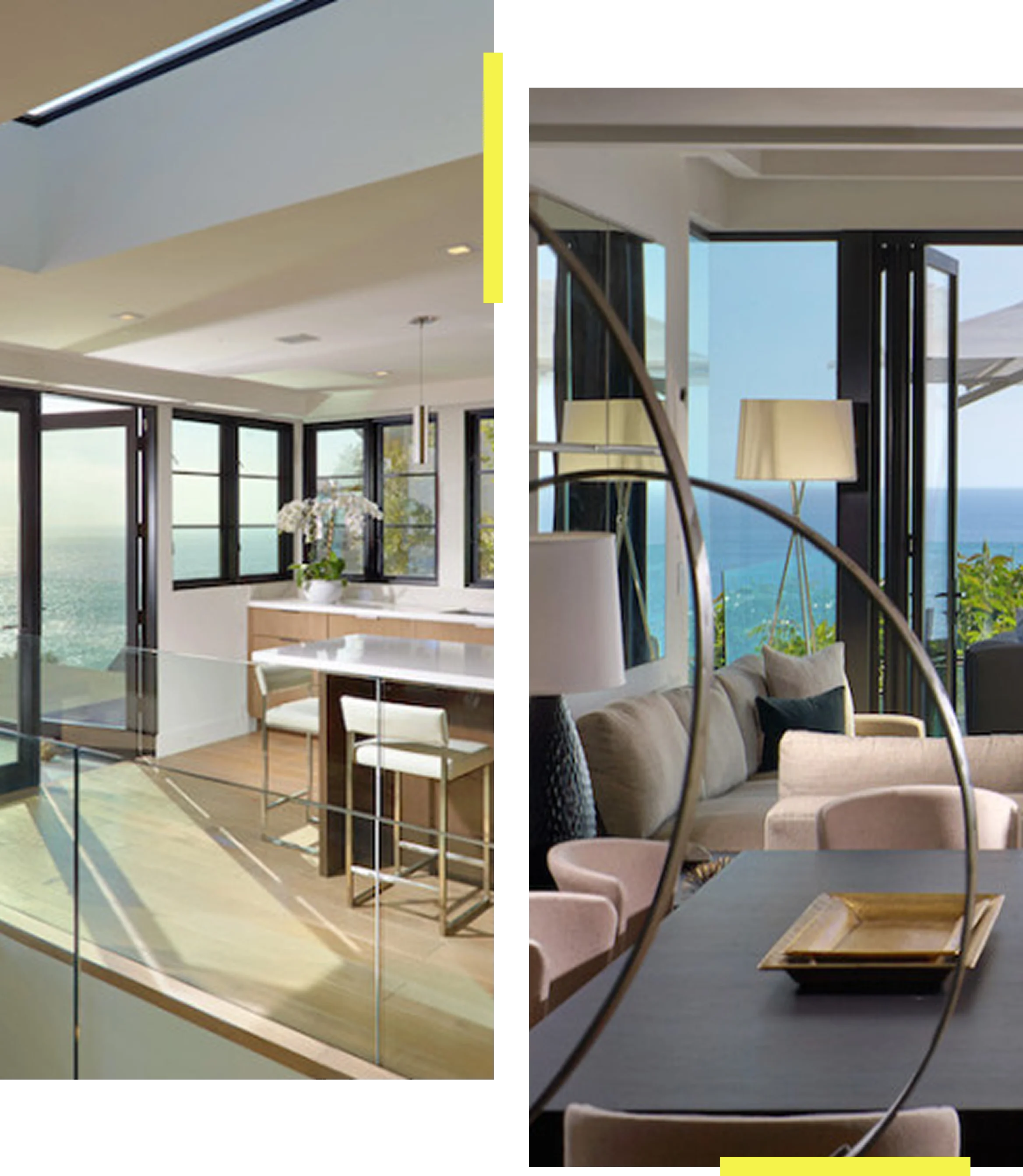 Group 32 (2) Modern open-concept interior with ocean view, featuring a kitchen and living area. Large windows and doors maximize natural light and scenery. Neutral-toned furniture enhances the airy atmosphere.
