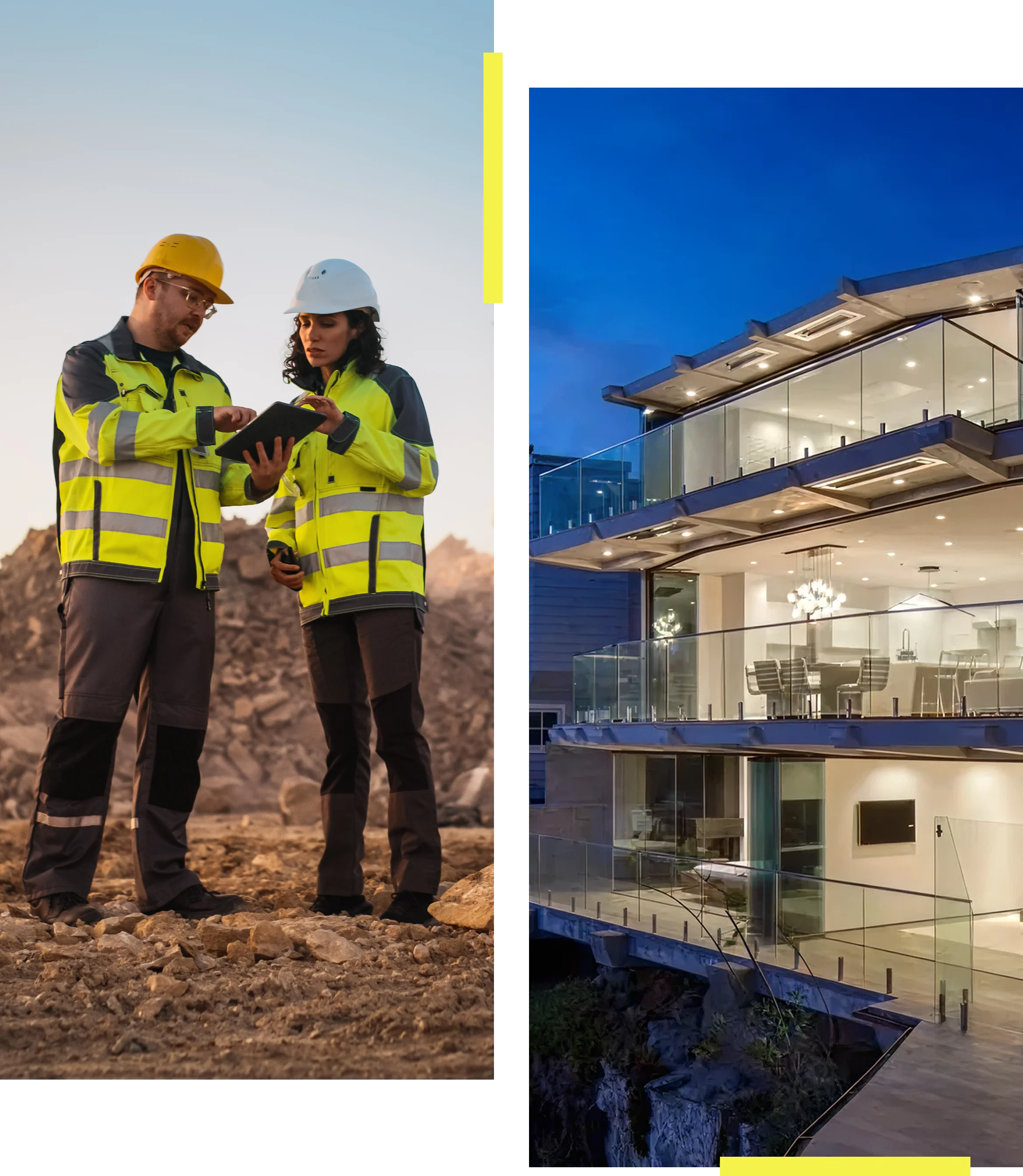 Group 32 Two construction workers in reflective jackets and helmets review a tablet outdoors. Beside them is a modern, illuminated multi-story building at night.